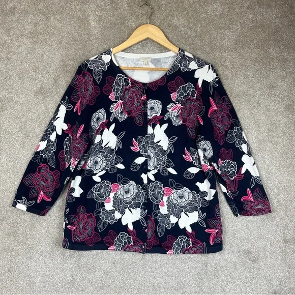 Talbots Cardigan Womens Extra Large Blue Pink Floral 3/4 Sleeve Button- 4356 - Picture 1 of 11